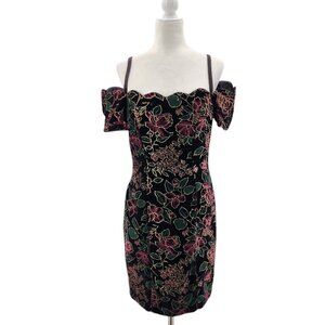 Vintage Steppin' Out Womens Small Dress Velvet Floral Off The Shoulder Cocktail